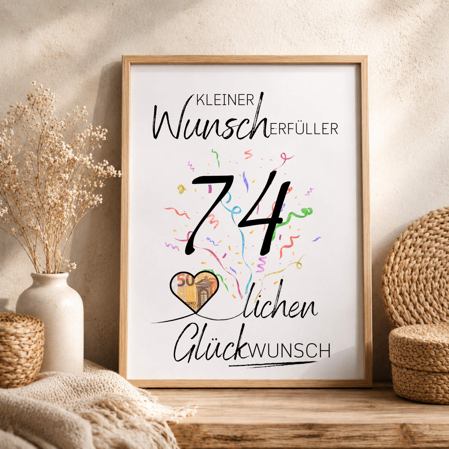 Geldgeschenk 74. Geburtstag Printable mit Schriftzug Kleiner Wunscherfüller, großer Zahl 74, buntem Konfetti und Herz für Geldschein als Digital Download zum Ausdrucken