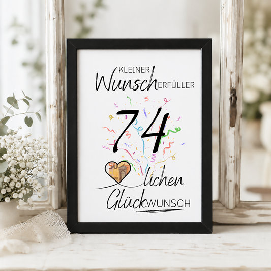 Geldgeschenk 74. Geburtstag Printable mit Schriftzug Kleiner Wunscherfüller, großer Zahl 74, buntem Konfetti und Herz für Geldschein als Digital Download zum Ausdrucken