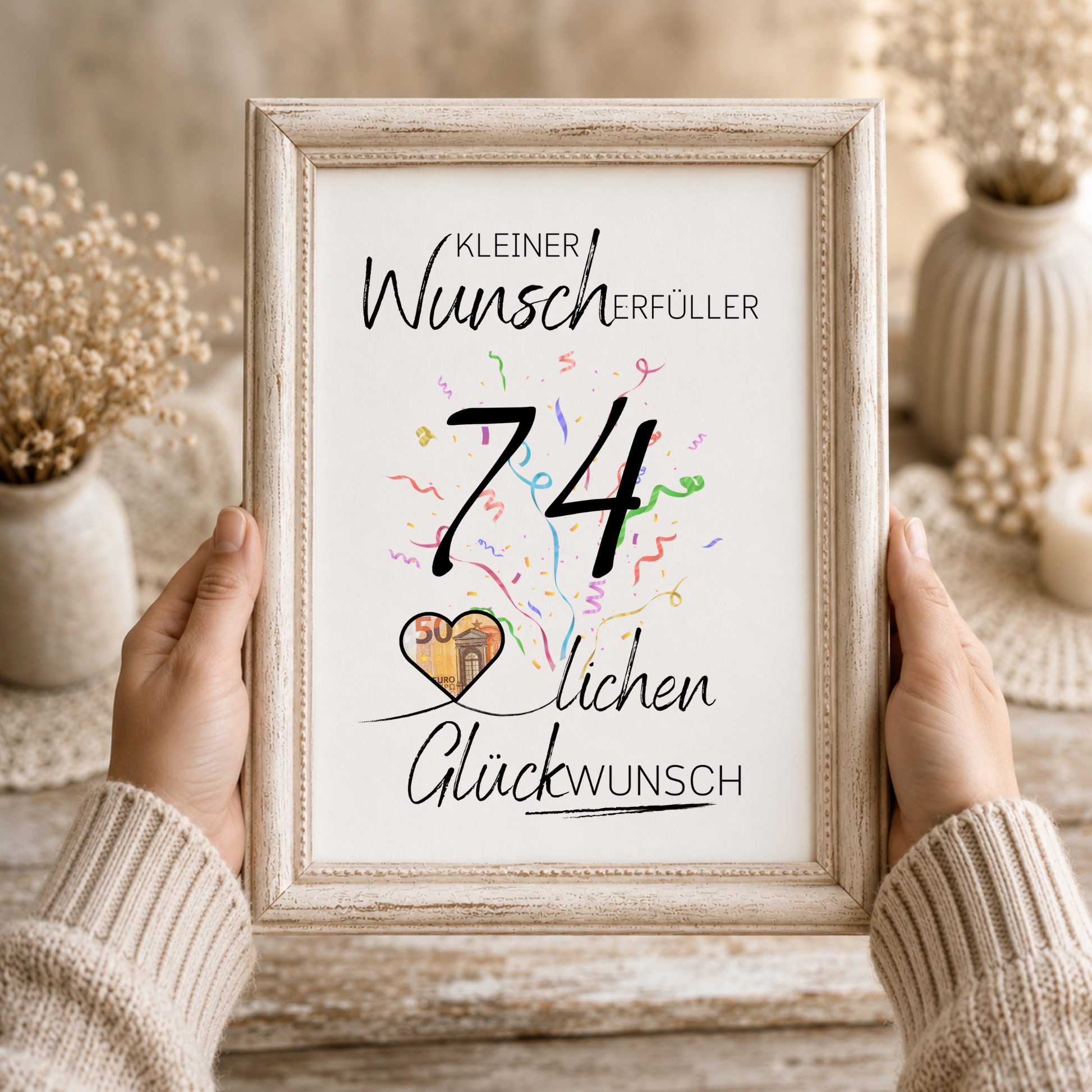 Geldgeschenk 74. Geburtstag Printable mit Schriftzug Kleiner Wunscherfüller, großer Zahl 74, buntem Konfetti und Herz für Geldschein als Digital Download zum Ausdrucken