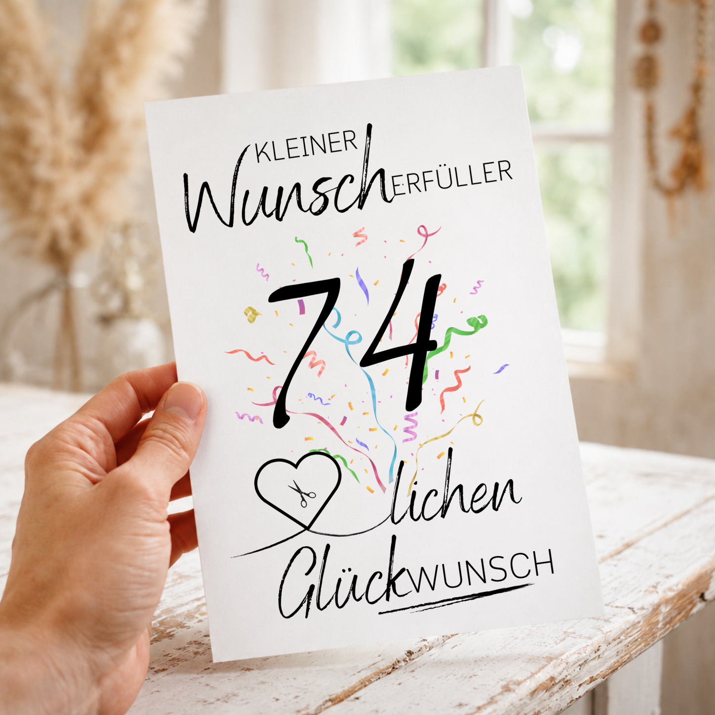 Geldgeschenk 74. Geburtstag Printable mit Schriftzug Kleiner Wunscherfüller, großer Zahl 74, buntem Konfetti und Herz für Geldschein als Digital Download zum Ausdrucken