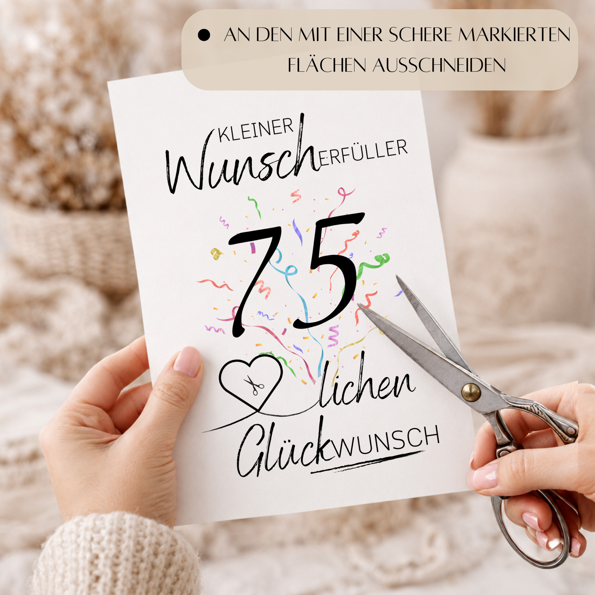 Geldgeschenk 75. Geburtstag Printable mit Schriftzug Kleiner Wunscherfüller, großer Zahl 75, buntem Konfetti und Herz für Geldschein als Digital Download zum Ausdrucken
