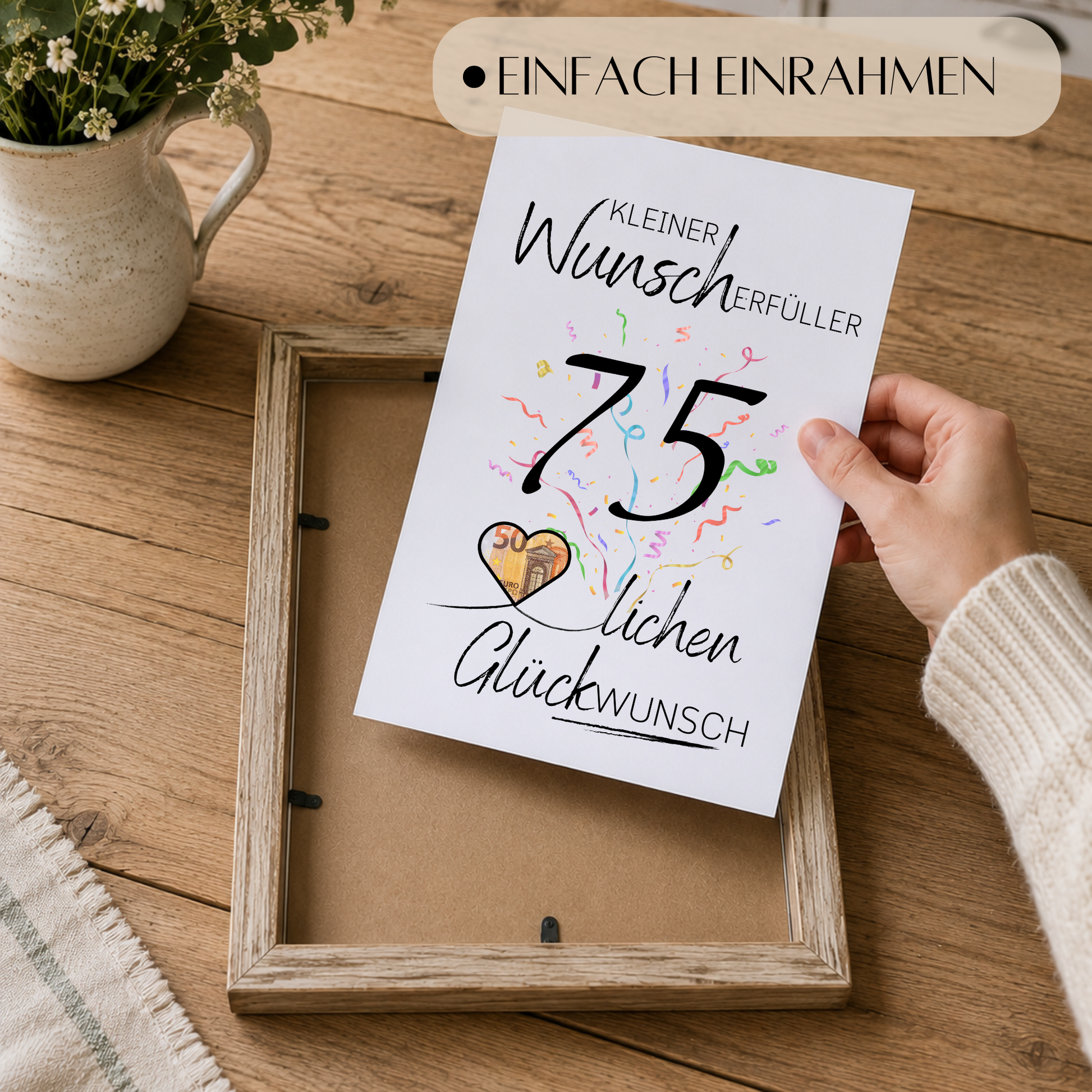 Geldgeschenk 75. Geburtstag Printable mit Schriftzug Kleiner Wunscherfüller, großer Zahl 75, buntem Konfetti und Herz für Geldschein als Digital Download zum Ausdrucken