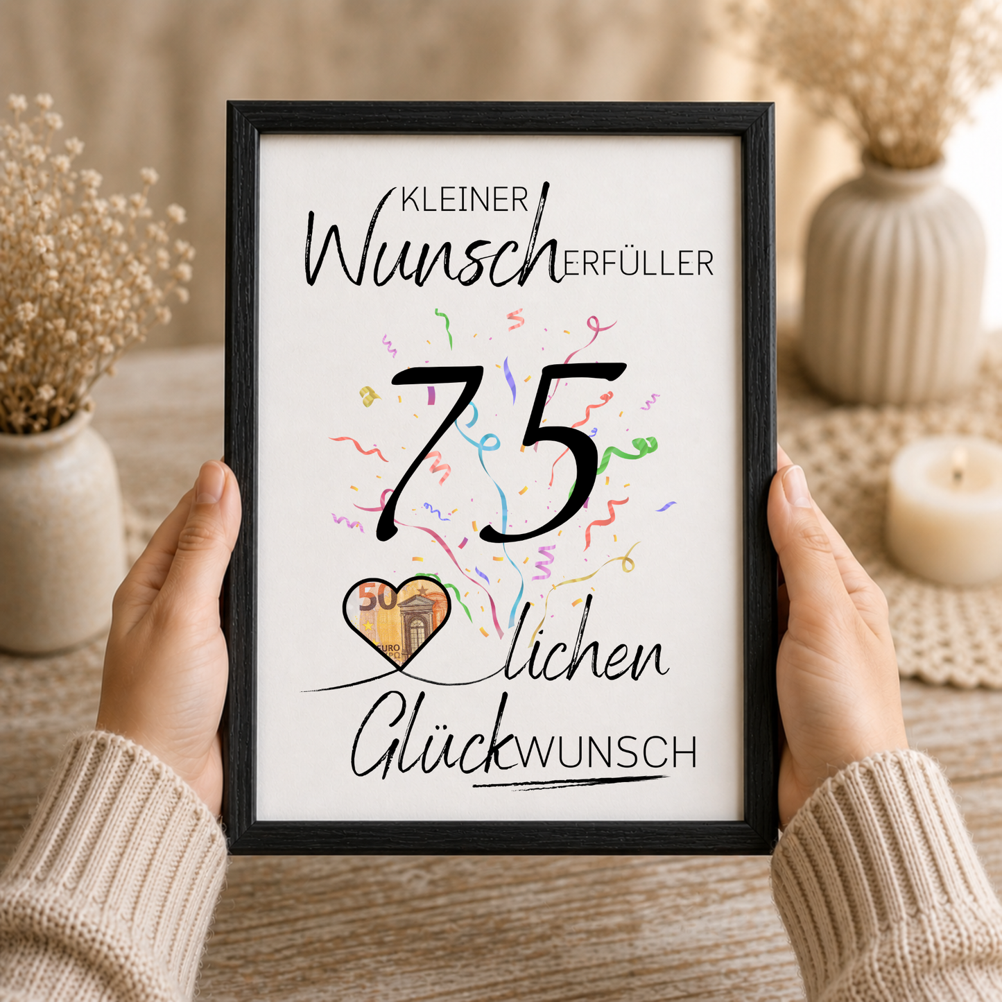 Geldgeschenk 75. Geburtstag Printable mit Schriftzug Kleiner Wunscherfüller, großer Zahl 75, buntem Konfetti und Herz für Geldschein als Digital Download zum Ausdrucken