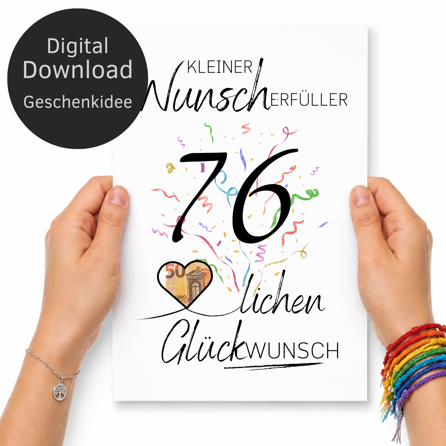 Geldgeschenk 76. Geburtstag Printable mit Konfetti, Herz für Geldschein und Schriftzug Kleiner Wunscherfüller, PDF Download DIN A4