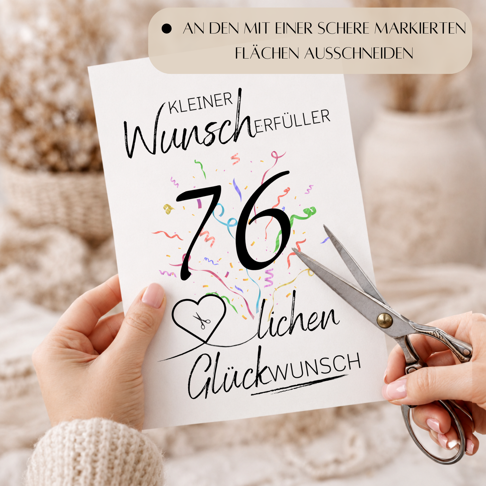 Geldgeschenk 76. Geburtstag Printable mit Konfetti, Herz für Geldschein und Schriftzug Kleiner Wunscherfüller, PDF Download DIN A4