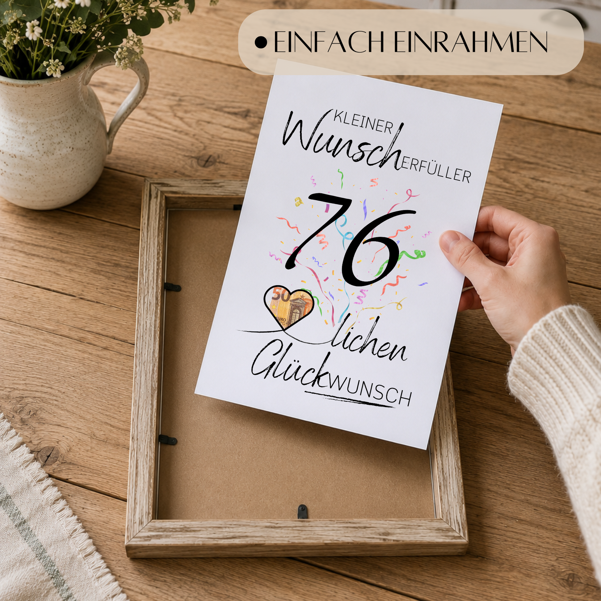 Geldgeschenk 76. Geburtstag Printable mit Konfetti, Herz für Geldschein und Schriftzug Kleiner Wunscherfüller, PDF Download DIN A4