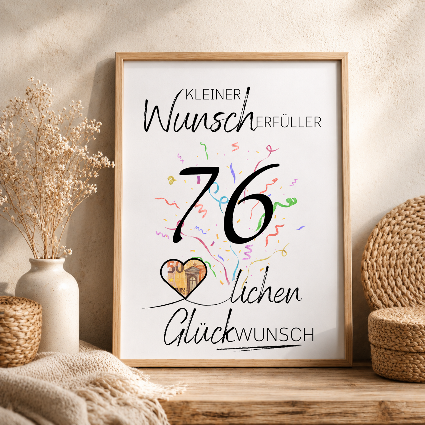 Geldgeschenk 76. Geburtstag Printable mit Konfetti, Herz für Geldschein und Schriftzug Kleiner Wunscherfüller, PDF Download DIN A4