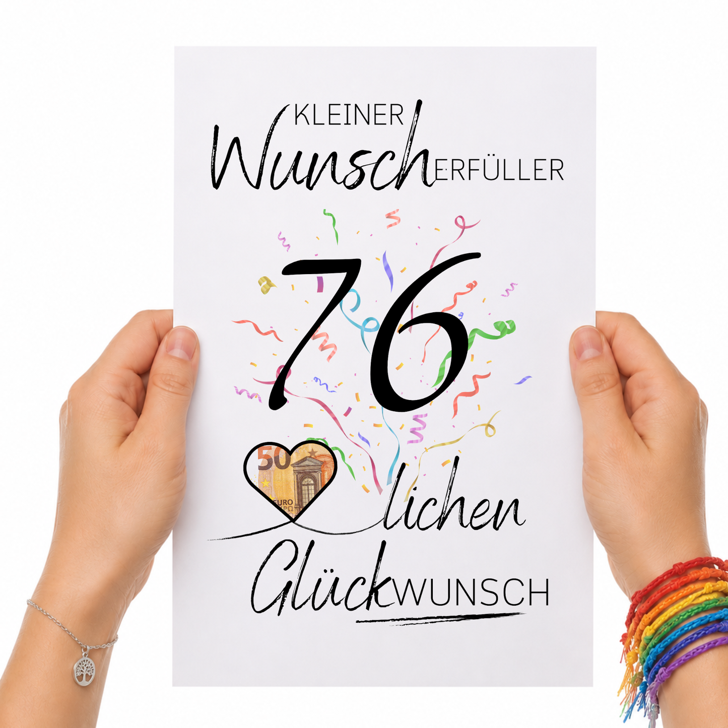 Geldgeschenk 76. Geburtstag Printable mit Konfetti, Herz für Geldschein und Schriftzug Kleiner Wunscherfüller, PDF Download DIN A4