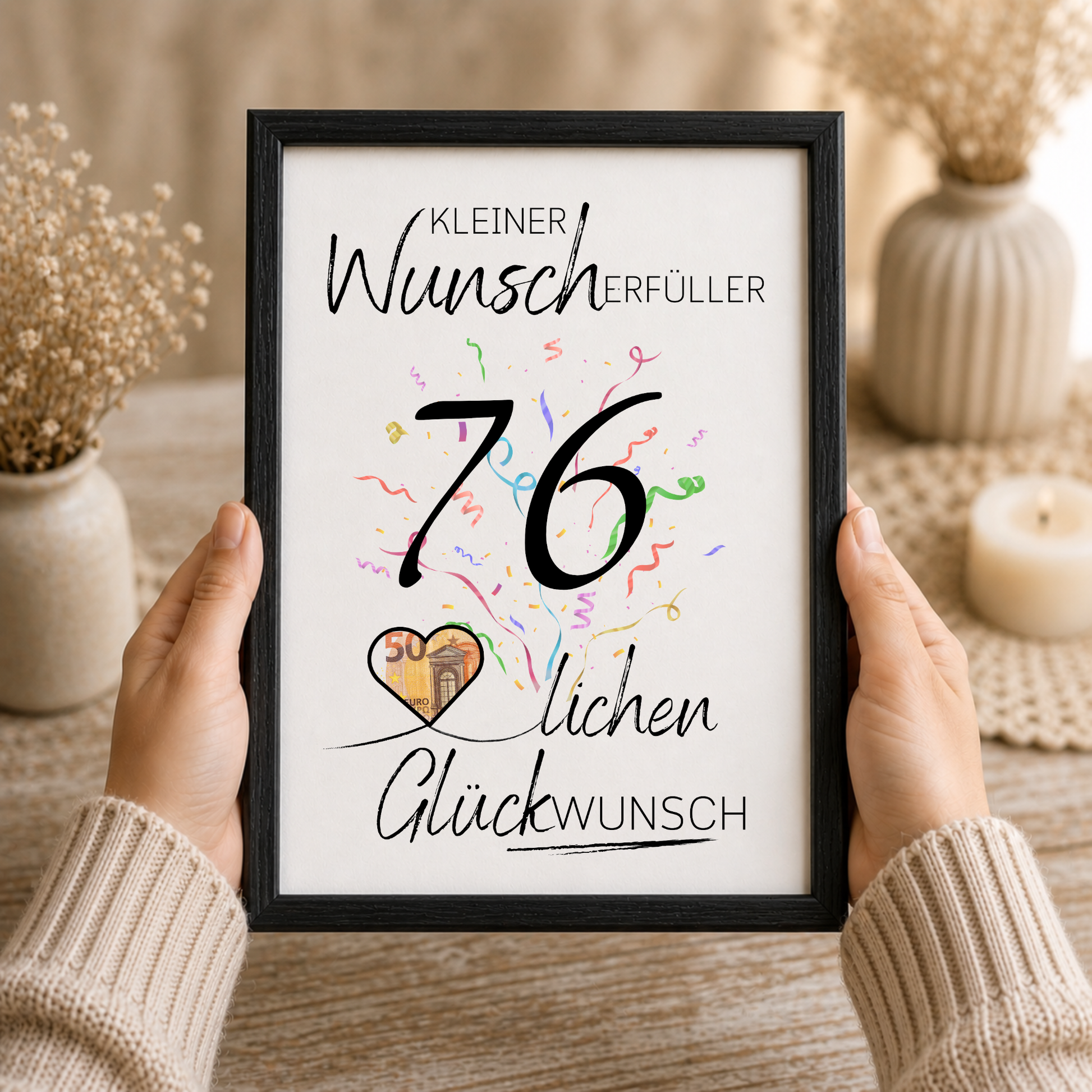 Geldgeschenk 76. Geburtstag Printable mit Konfetti, Herz für Geldschein und Schriftzug Kleiner Wunscherfüller, PDF Download DIN A4