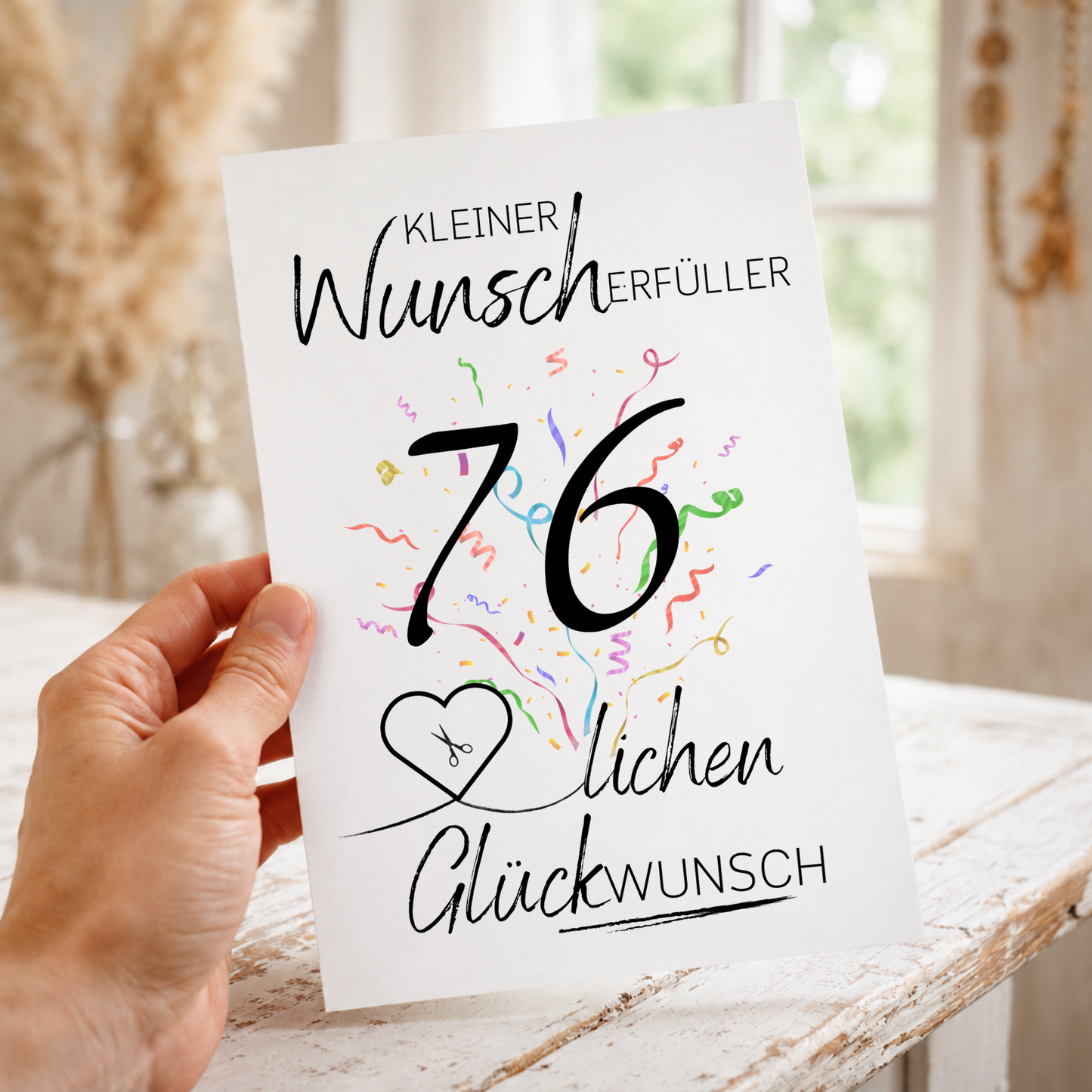 Geldgeschenk 76. Geburtstag Printable mit Konfetti, Herz für Geldschein und Schriftzug Kleiner Wunscherfüller, PDF Download DIN A4