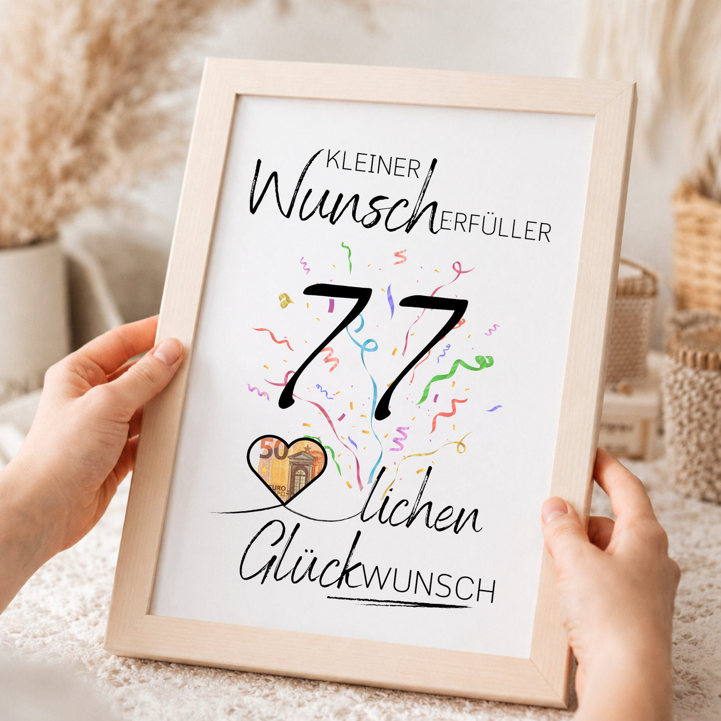 Geldgeschenk 77. Geburtstag Printable mit Schriftzug Kleiner Wunscherfüller, buntem Konfetti, Herzmotiv für Geldschein und modernem Glückwunsch Design zum Ausdrucken