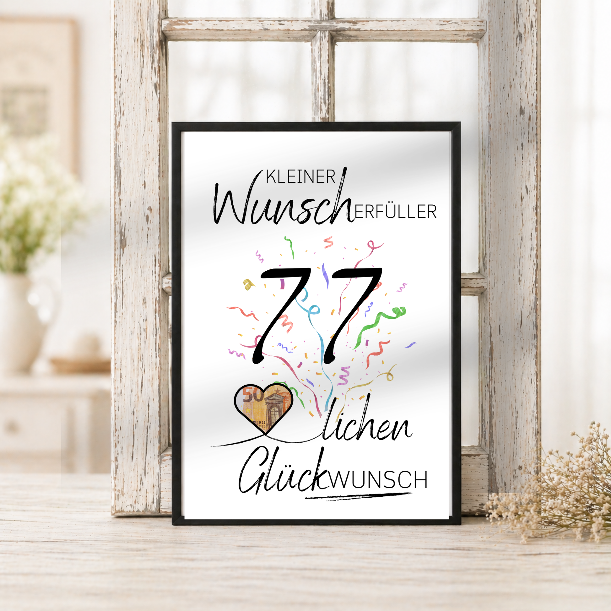Geldgeschenk 77. Geburtstag Printable mit Schriftzug Kleiner Wunscherfüller, buntem Konfetti, Herzmotiv für Geldschein und modernem Glückwunsch Design zum Ausdrucken