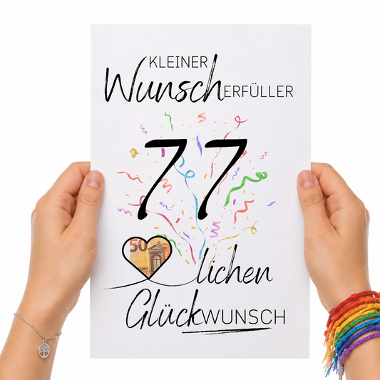 Geldgeschenk 77. Geburtstag Printable mit Schriftzug Kleiner Wunscherfüller, buntem Konfetti, Herzmotiv für Geldschein und modernem Glückwunsch Design zum Ausdrucken