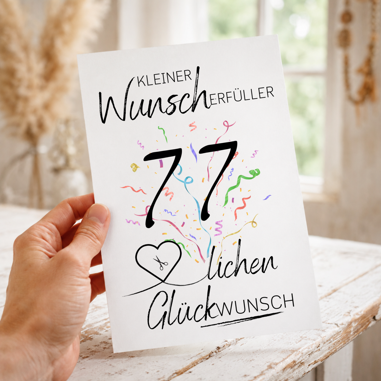 Geldgeschenk 77. Geburtstag Printable mit Schriftzug Kleiner Wunscherfüller, buntem Konfetti, Herzmotiv für Geldschein und modernem Glückwunsch Design zum Ausdrucken