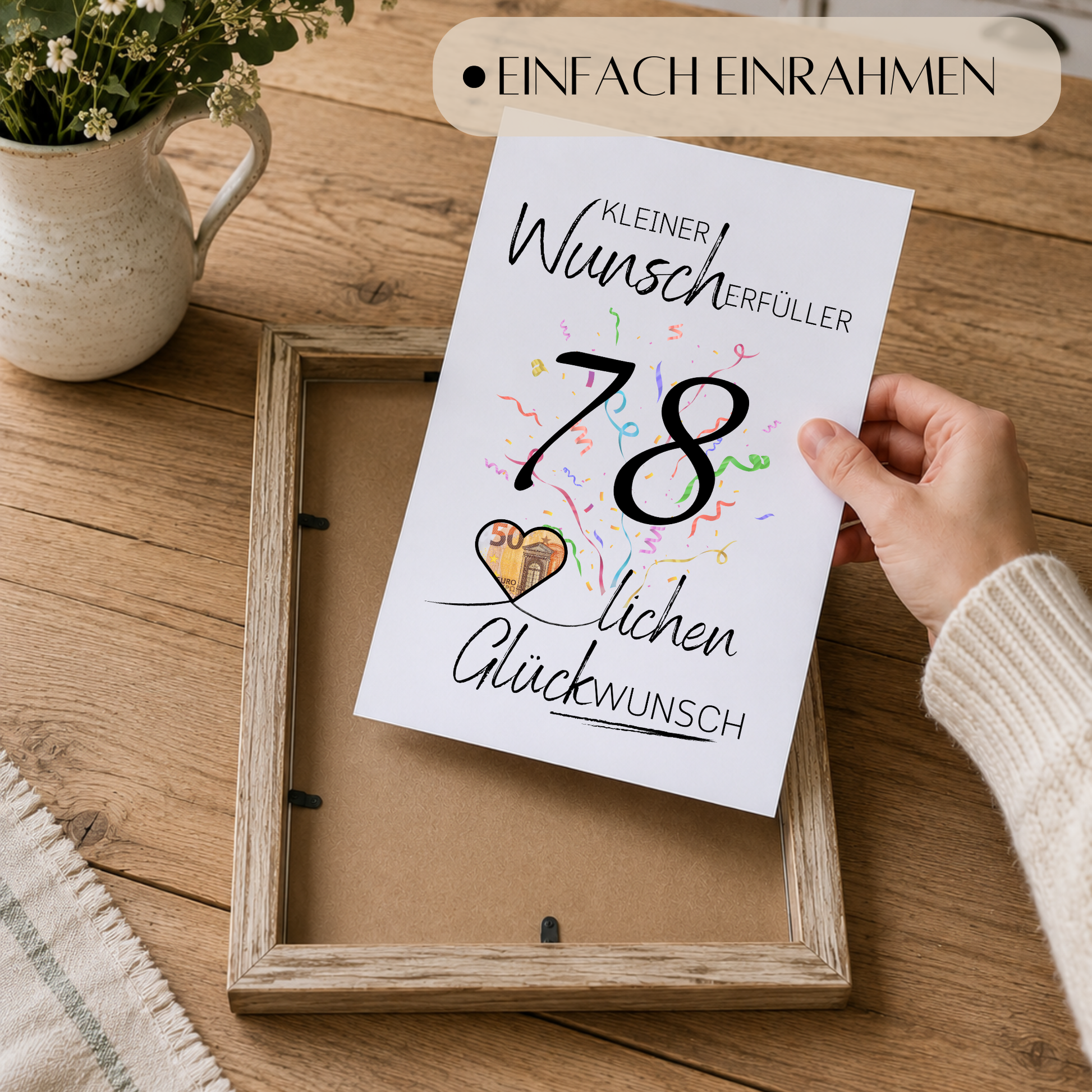 Geldgeschenk 78. Geburtstag Printable mit Konfetti, Schriftzug Kleiner Wunscherfüller, Herz für Geldschein und modernem minimalistischen Design zum Ausdrucken