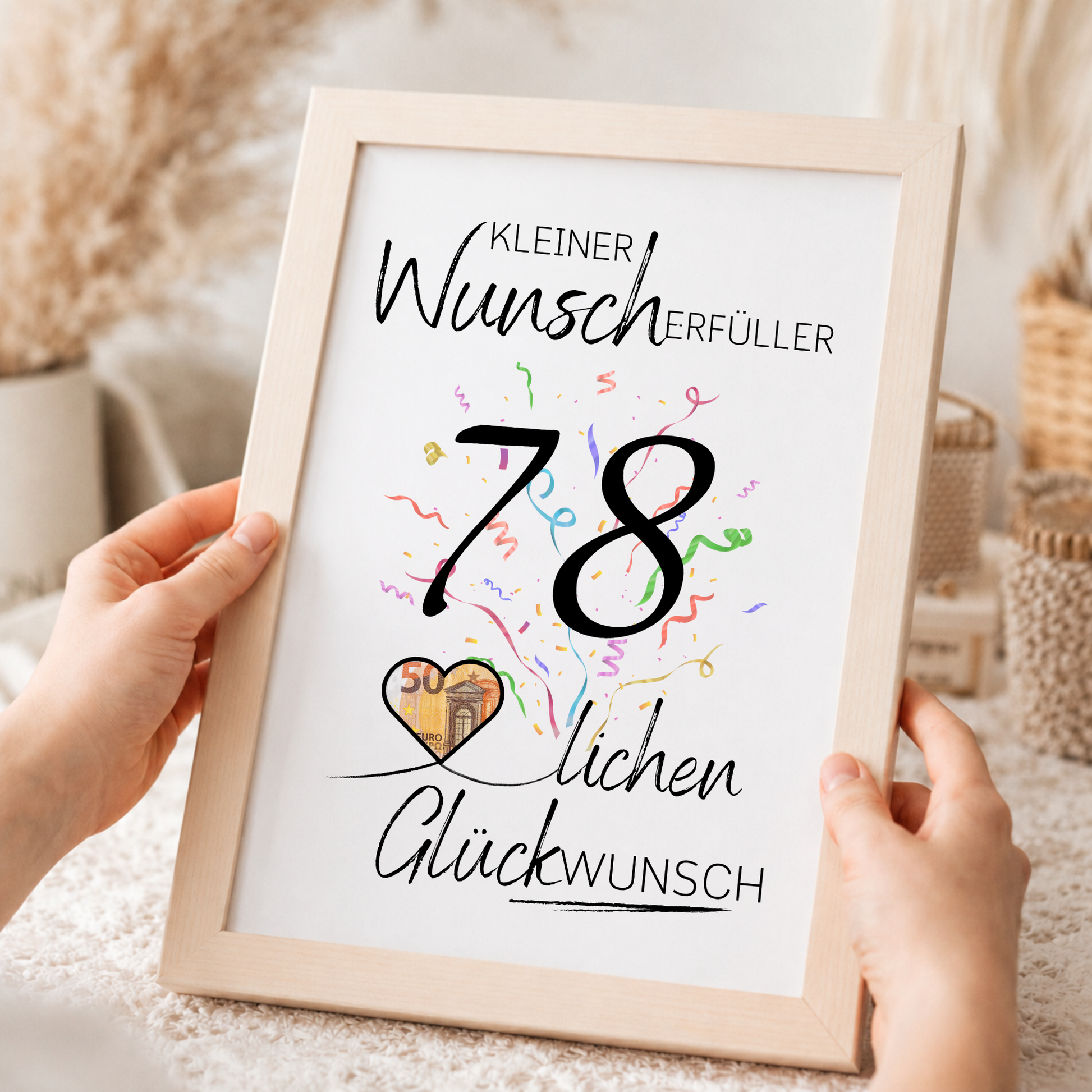 Geldgeschenk 78. Geburtstag Printable mit Konfetti, Schriftzug Kleiner Wunscherfüller, Herz für Geldschein und modernem minimalistischen Design zum Ausdrucken