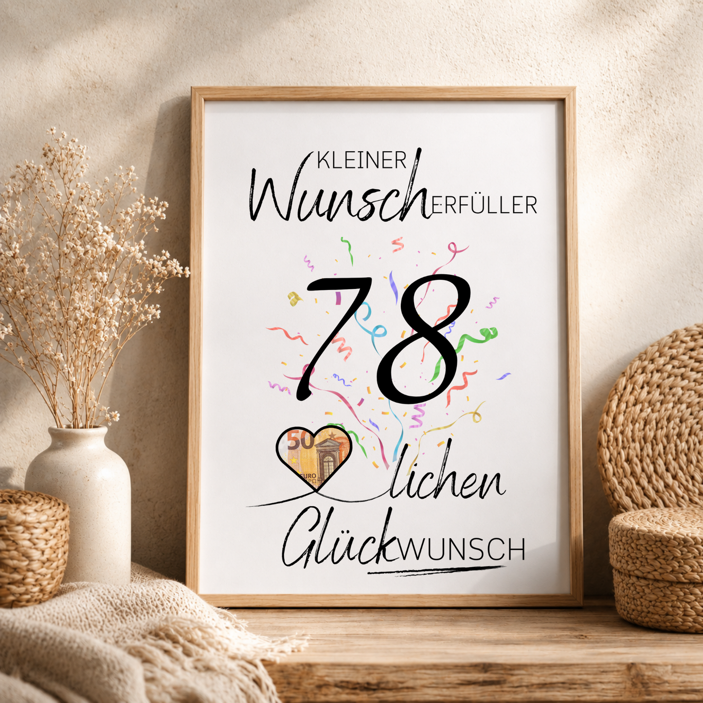 Geldgeschenk 78. Geburtstag Printable mit Konfetti, Schriftzug Kleiner Wunscherfüller, Herz für Geldschein und modernem minimalistischen Design zum Ausdrucken