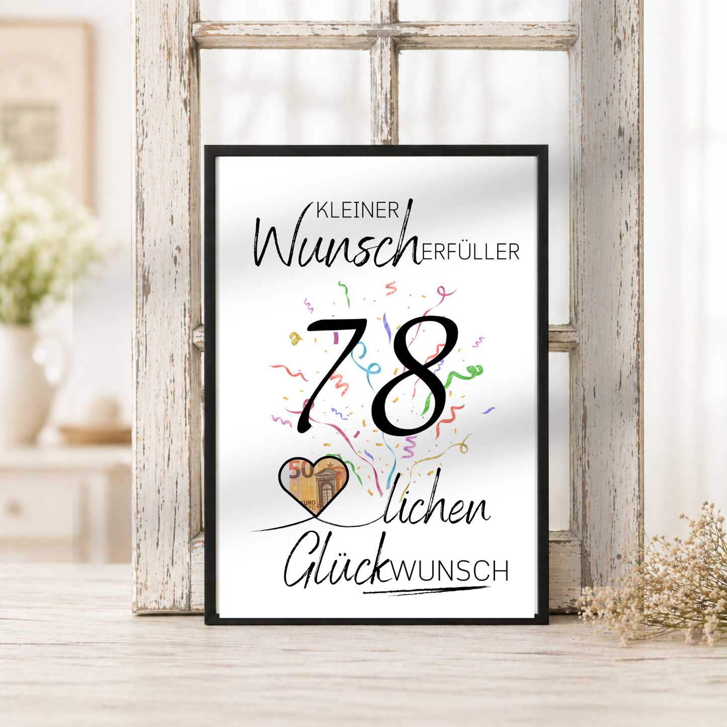 Geldgeschenk 78. Geburtstag Printable mit Konfetti, Schriftzug Kleiner Wunscherfüller, Herz für Geldschein und modernem minimalistischen Design zum Ausdrucken