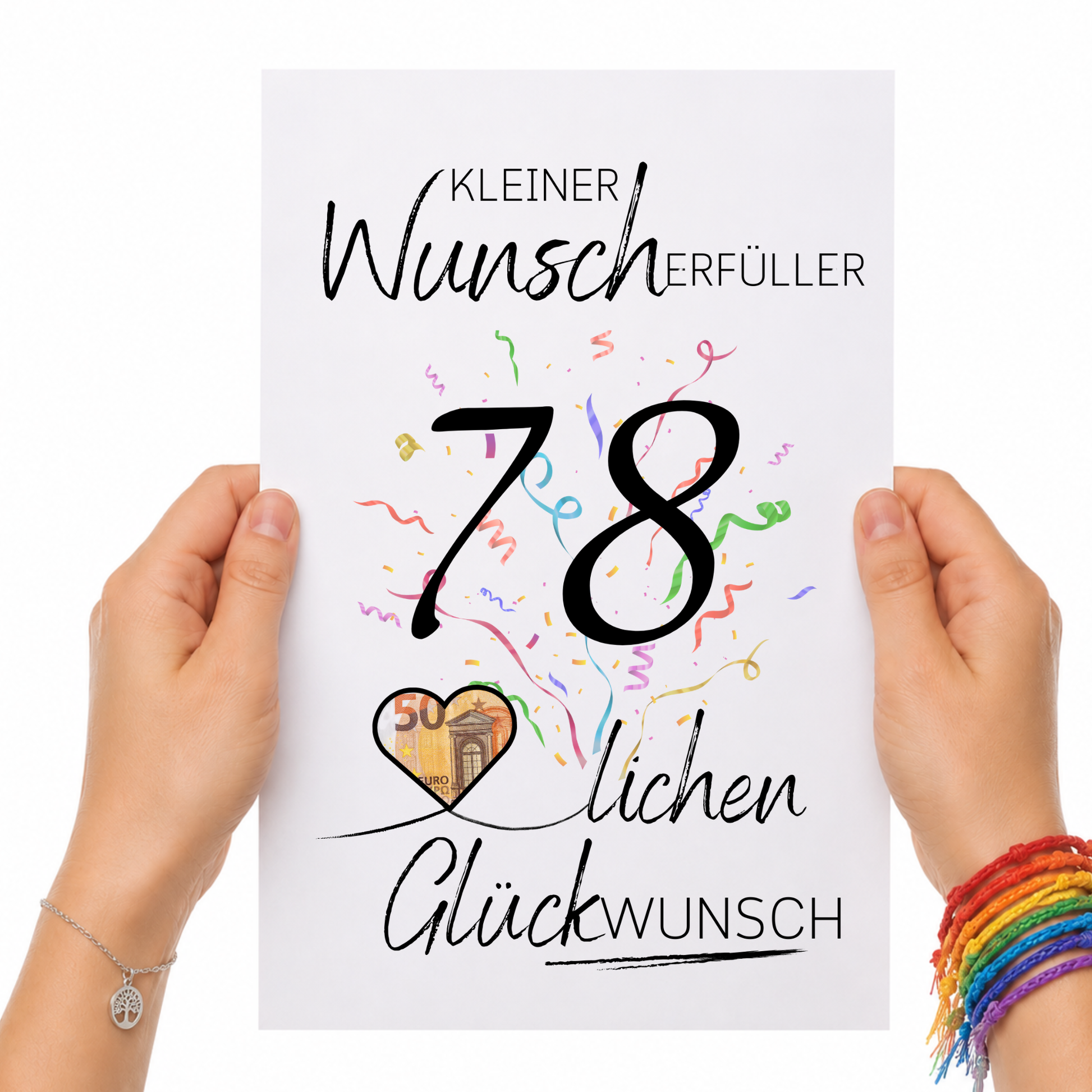 Geldgeschenk 78. Geburtstag Printable mit Konfetti, Schriftzug Kleiner Wunscherfüller, Herz für Geldschein und modernem minimalistischen Design zum Ausdrucken
