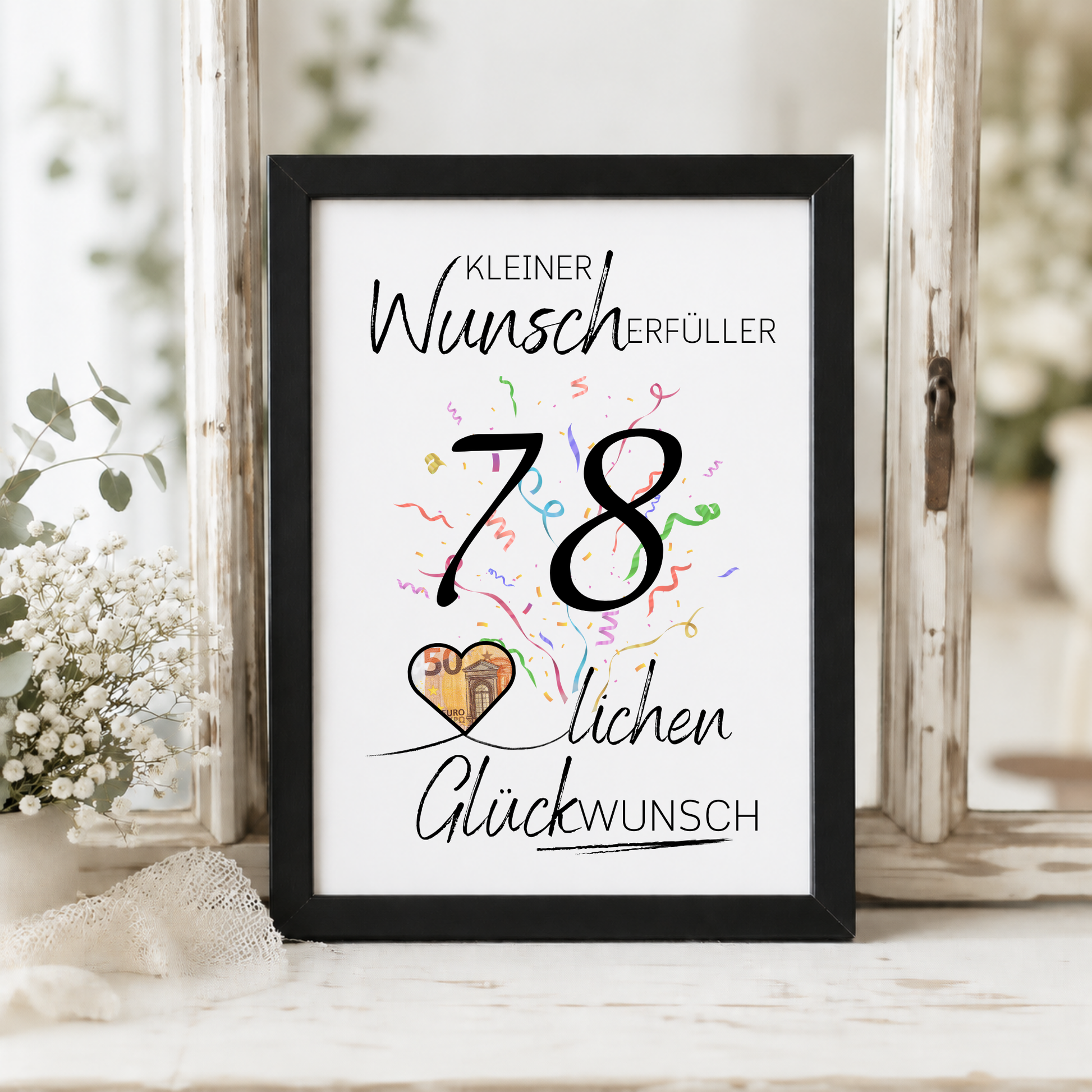 Geldgeschenk 78. Geburtstag Printable mit Konfetti, Schriftzug Kleiner Wunscherfüller, Herz für Geldschein und modernem minimalistischen Design zum Ausdrucken