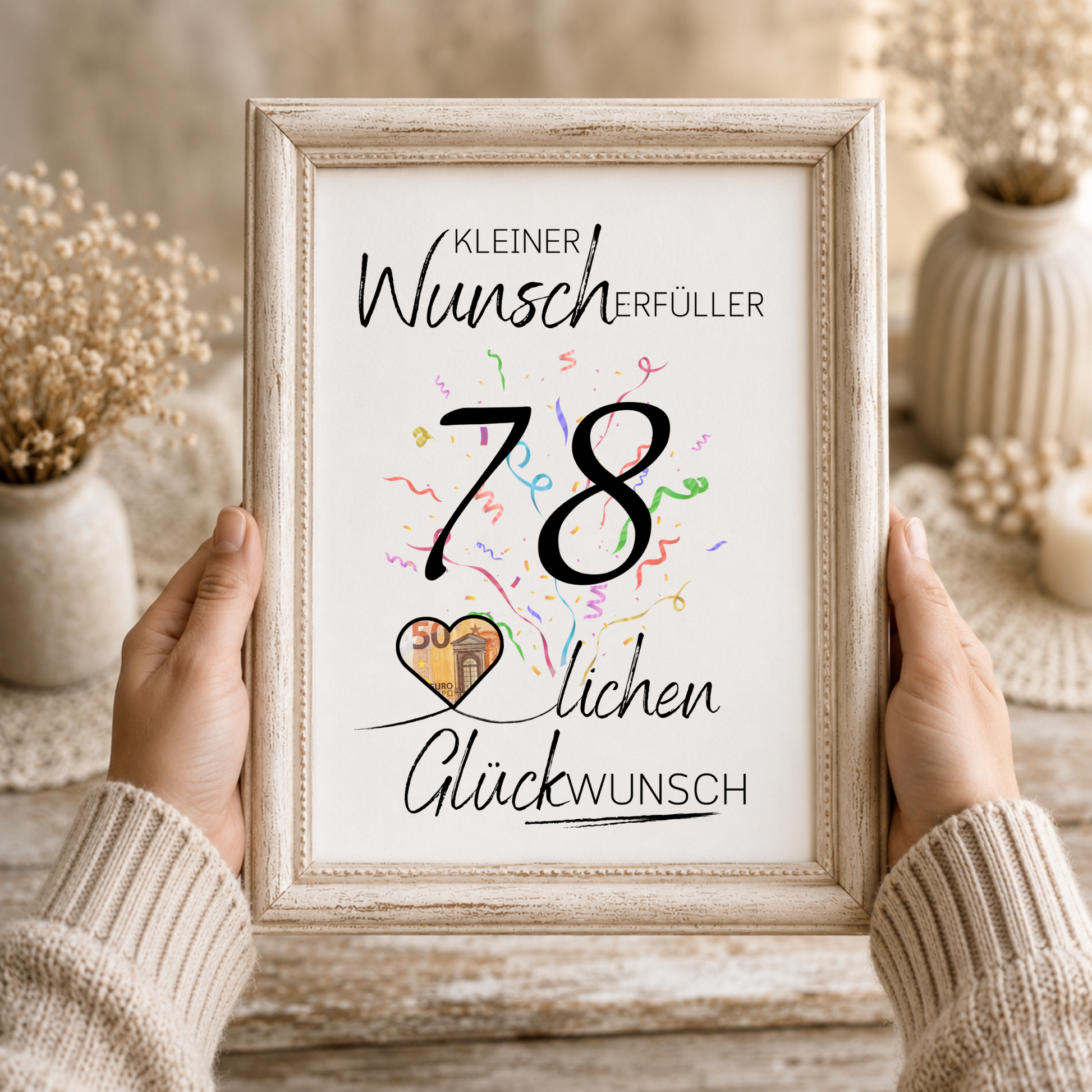 Geldgeschenk 78. Geburtstag Printable mit Konfetti, Schriftzug Kleiner Wunscherfüller, Herz für Geldschein und modernem minimalistischen Design zum Ausdrucken