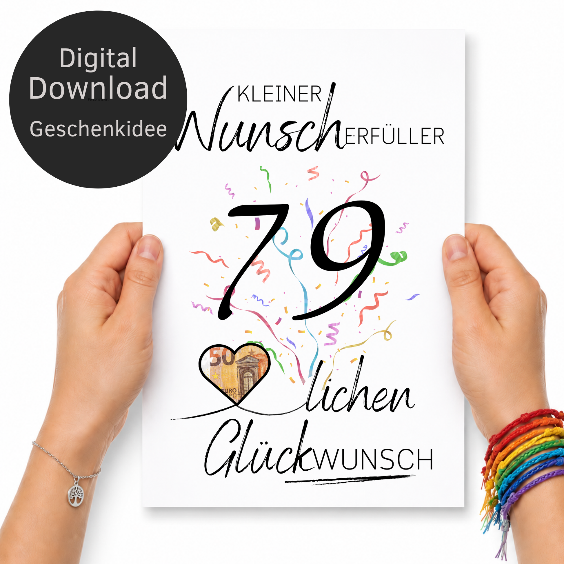 Geldgeschenk 79. Geburtstag Printable mit Konfetti, Herz zum Ausschneiden für Geldschein, Kleiner Wunscherfüller, PDF Download DIN A4