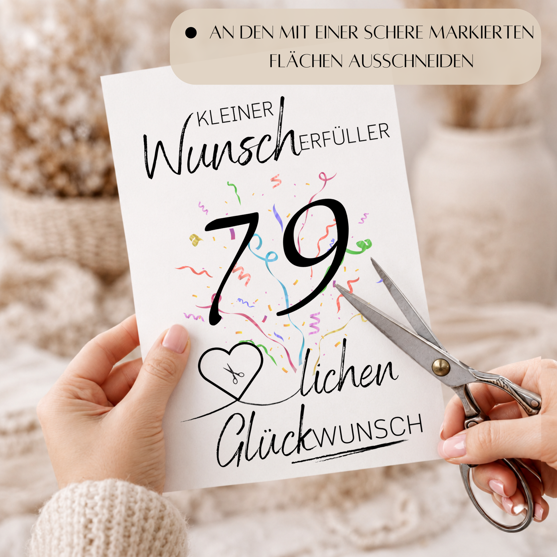 Geldgeschenk 79. Geburtstag Printable mit Konfetti, Herz zum Ausschneiden für Geldschein, Kleiner Wunscherfüller, PDF Download DIN A4