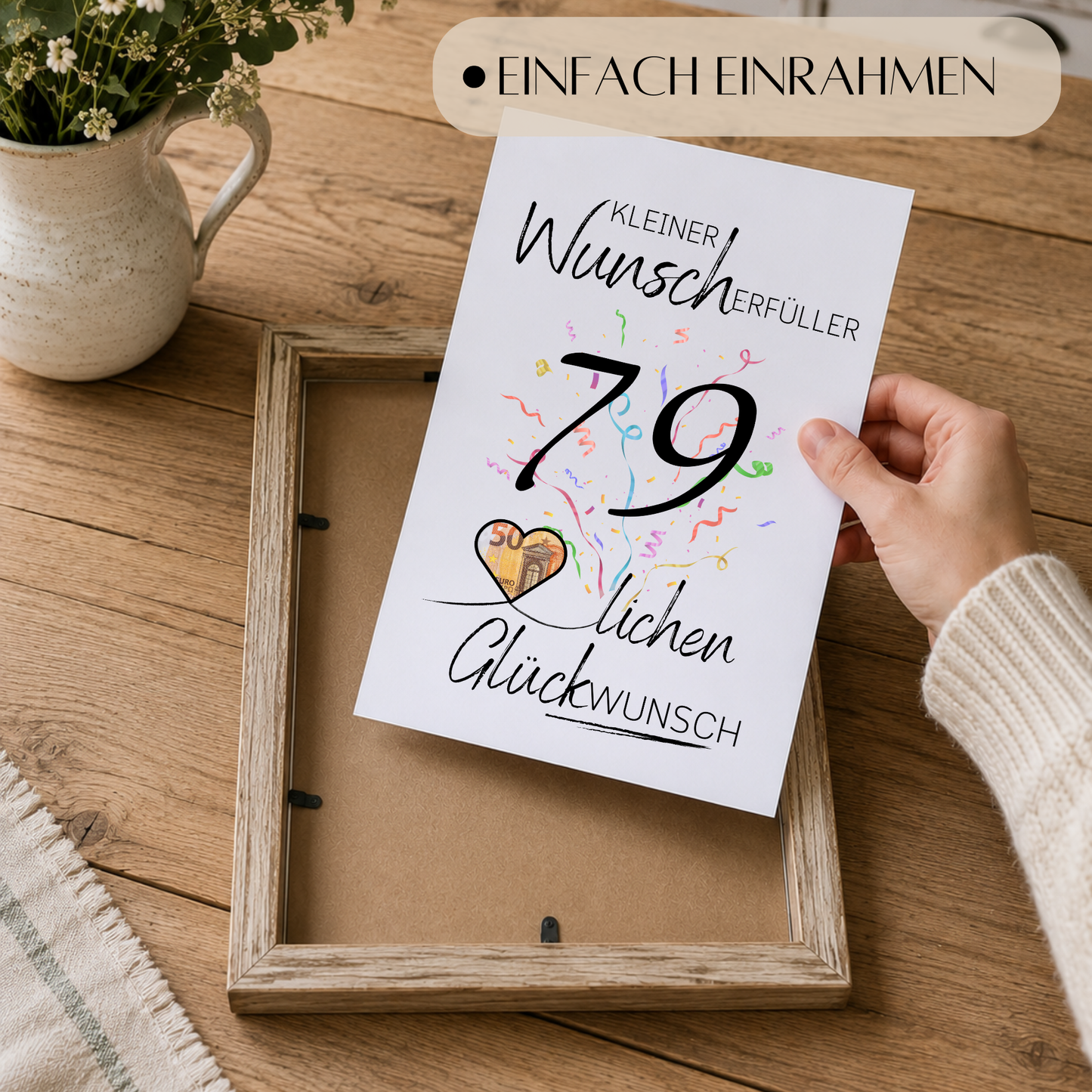 Geldgeschenk 79. Geburtstag Printable mit Konfetti, Herz zum Ausschneiden für Geldschein, Kleiner Wunscherfüller, PDF Download DIN A4