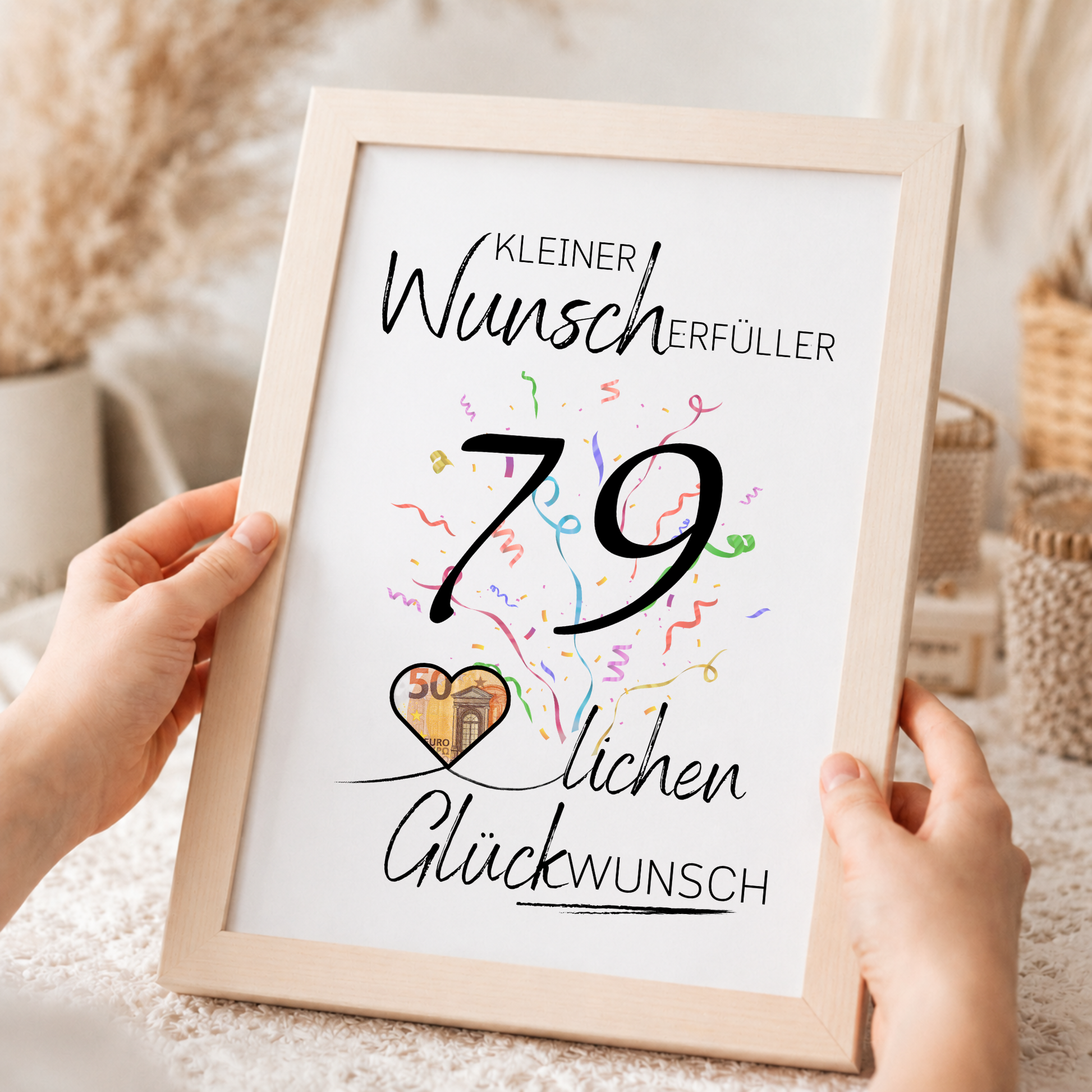Geldgeschenk 79. Geburtstag Printable mit Konfetti, Herz zum Ausschneiden für Geldschein, Kleiner Wunscherfüller, PDF Download DIN A4