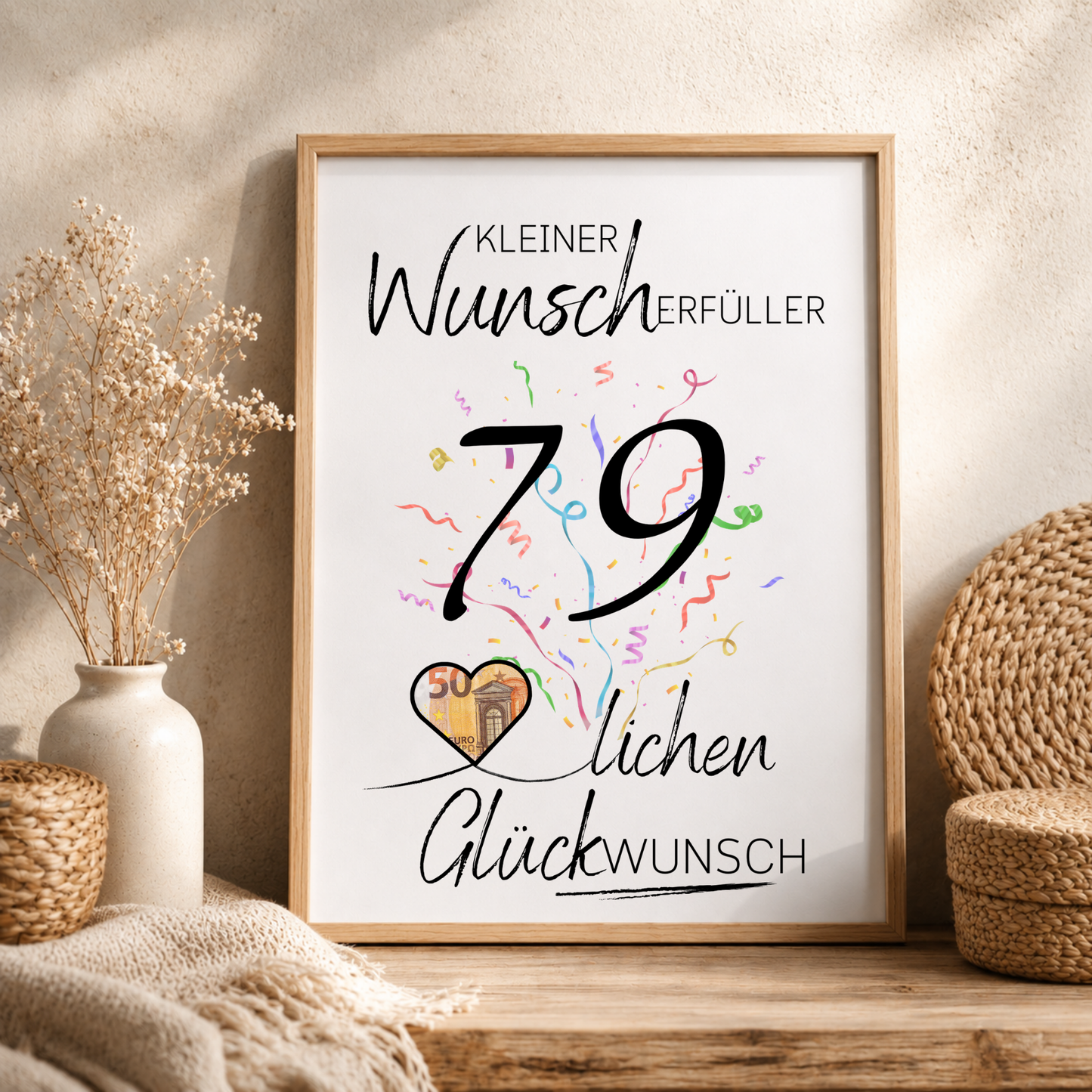 Geldgeschenk 79. Geburtstag Printable mit Konfetti, Herz zum Ausschneiden für Geldschein, Kleiner Wunscherfüller, PDF Download DIN A4