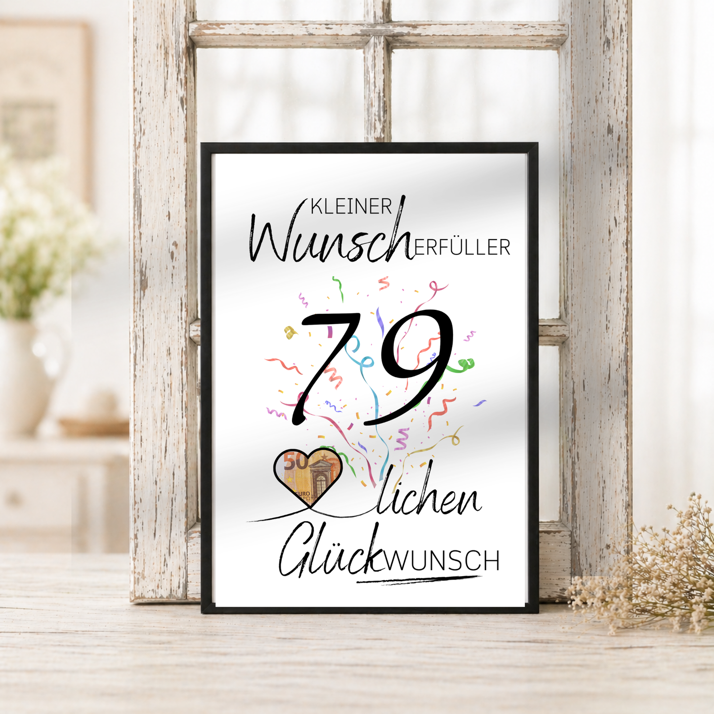 Geldgeschenk 79. Geburtstag Printable mit Konfetti, Herz zum Ausschneiden für Geldschein, Kleiner Wunscherfüller, PDF Download DIN A4