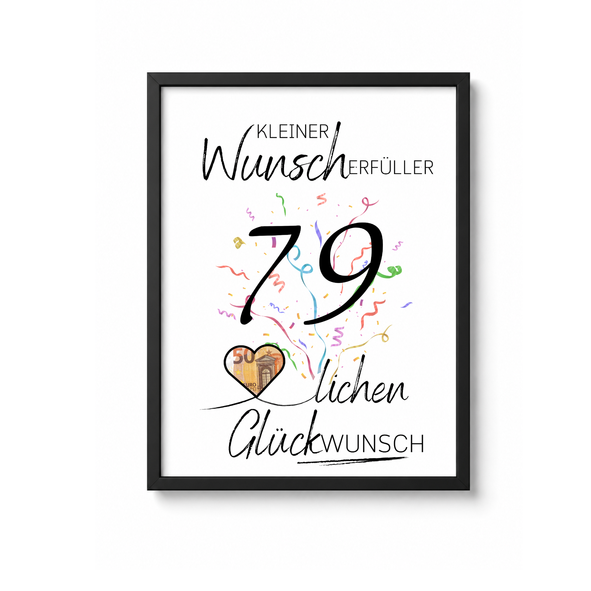Geldgeschenk 79. Geburtstag Printable mit Konfetti, Herz zum Ausschneiden für Geldschein, Kleiner Wunscherfüller, PDF Download DIN A4