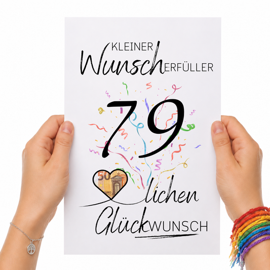 Geldgeschenk 79. Geburtstag Printable mit Konfetti, Herz zum Ausschneiden für Geldschein, Kleiner Wunscherfüller, PDF Download DIN A4