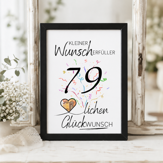 Geldgeschenk 79. Geburtstag Printable mit Konfetti, Herz zum Ausschneiden für Geldschein, Kleiner Wunscherfüller, PDF Download DIN A4