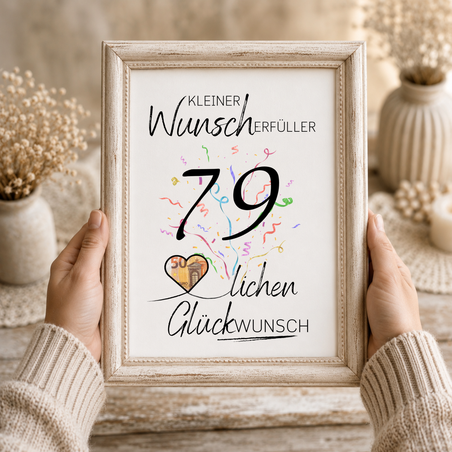 Geldgeschenk 79. Geburtstag Printable mit Konfetti, Herz zum Ausschneiden für Geldschein, Kleiner Wunscherfüller, PDF Download DIN A4