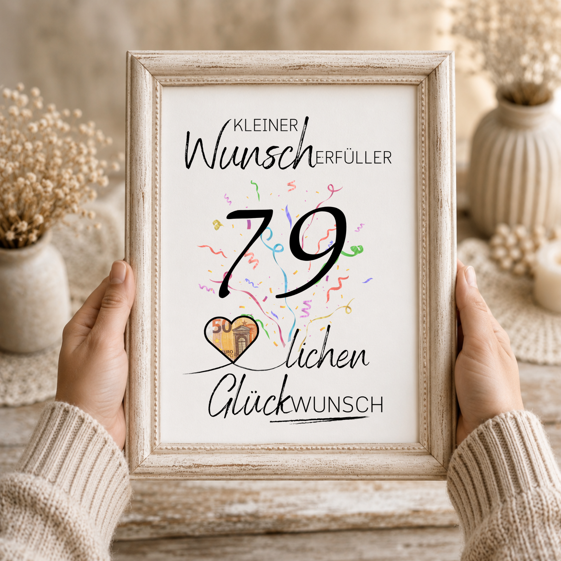 Geldgeschenk 79. Geburtstag Printable mit Konfetti, Herz zum Ausschneiden für Geldschein, Kleiner Wunscherfüller, PDF Download DIN A4