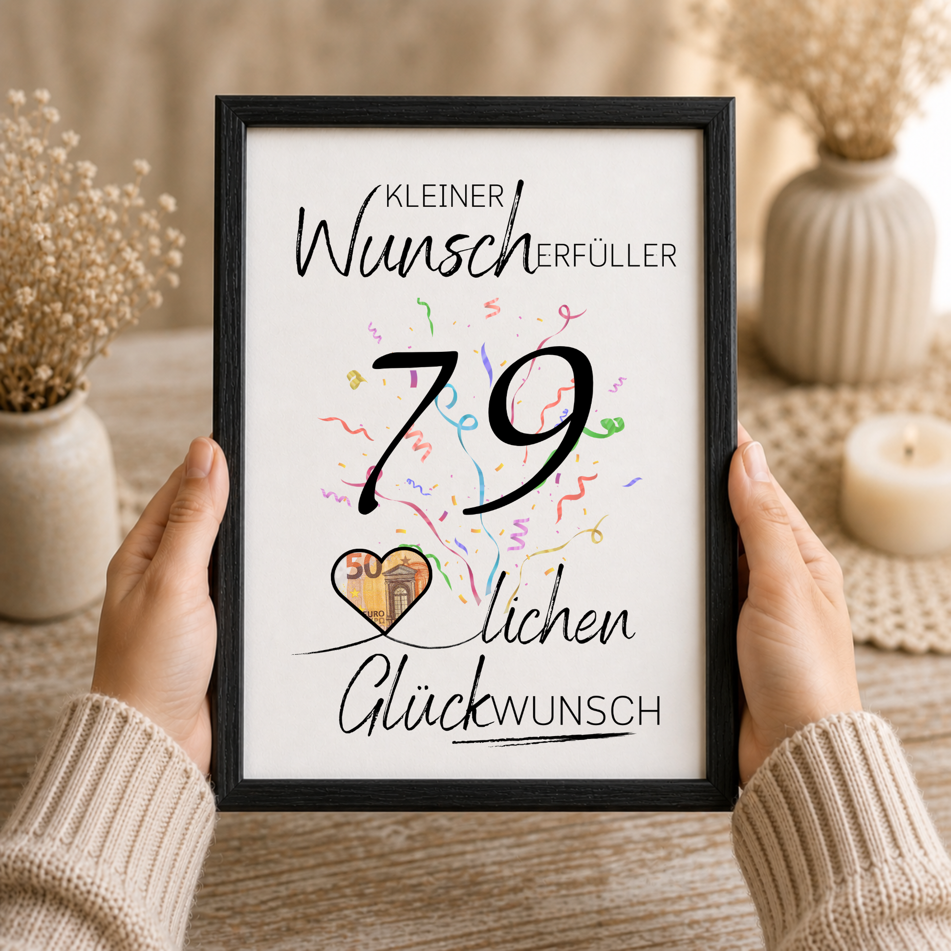 Geldgeschenk 79. Geburtstag Printable mit Konfetti, Herz zum Ausschneiden für Geldschein, Kleiner Wunscherfüller, PDF Download DIN A4