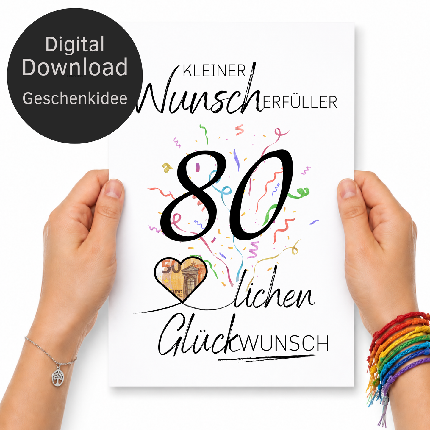 Geldgeschenk 80. Geburtstag Printable mit Konfetti, großer Zahl 80, Schriftzug Kleiner Wunscherfüller und Herz für Geldschein als Digital Download DIN A4