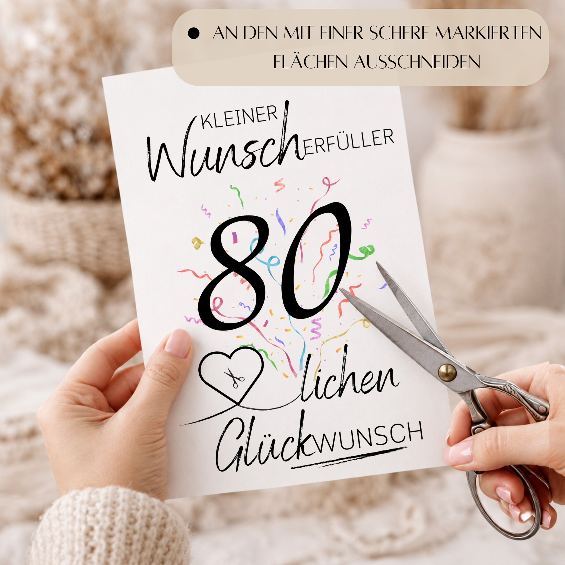 Geldgeschenk 80. Geburtstag Printable mit Konfetti, großer Zahl 80, Schriftzug Kleiner Wunscherfüller und Herz für Geldschein als Digital Download DIN A4