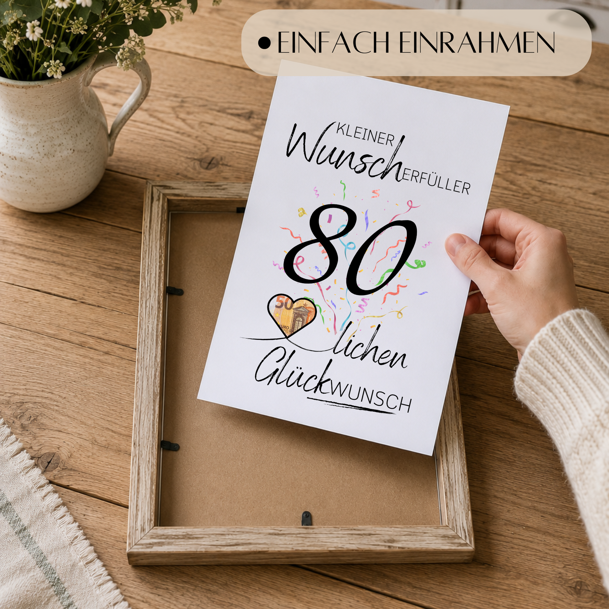 Geldgeschenk 80. Geburtstag Printable mit Konfetti, großer Zahl 80, Schriftzug Kleiner Wunscherfüller und Herz für Geldschein als Digital Download DIN A4