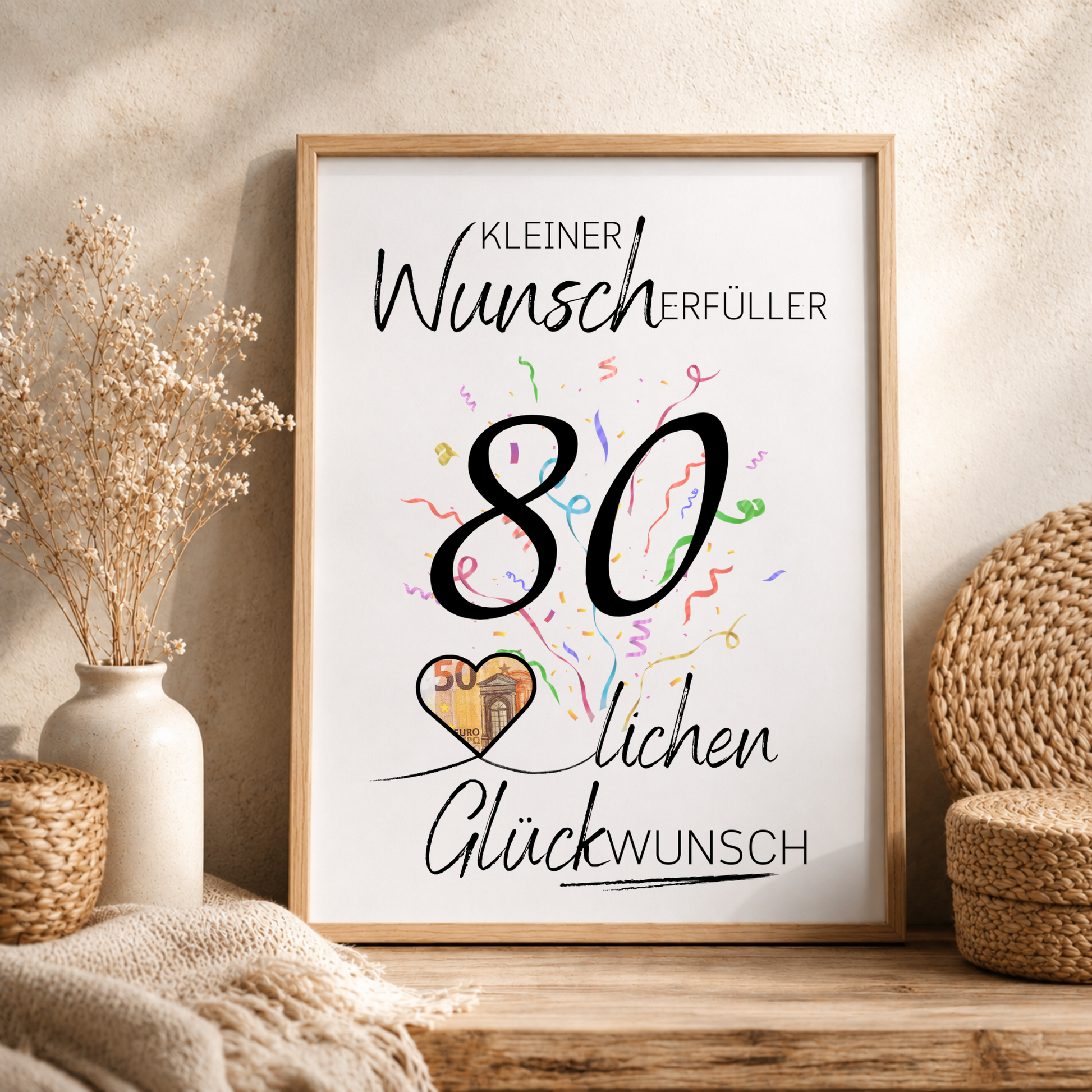 Geldgeschenk 80. Geburtstag Printable mit Konfetti, großer Zahl 80, Schriftzug Kleiner Wunscherfüller und Herz für Geldschein als Digital Download DIN A4