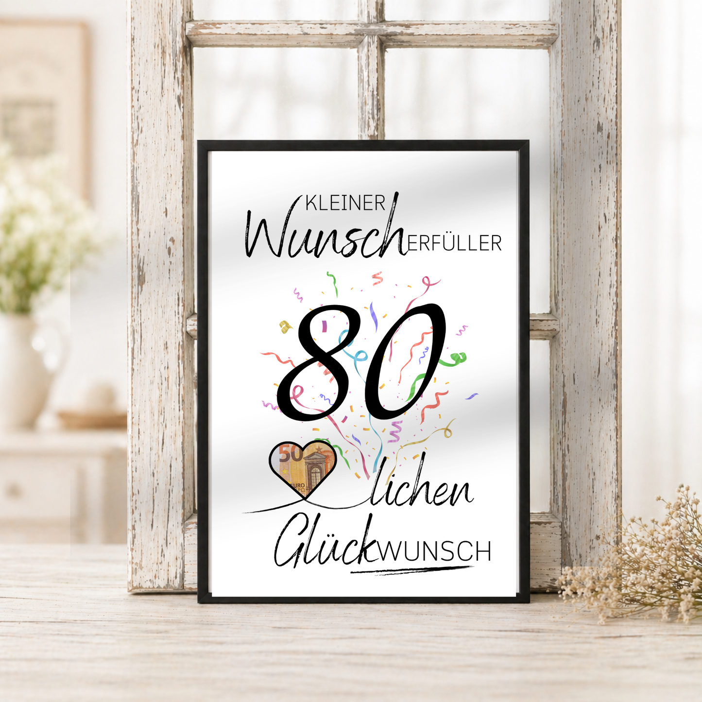 Geldgeschenk 80. Geburtstag Printable mit Konfetti, großer Zahl 80, Schriftzug Kleiner Wunscherfüller und Herz für Geldschein als Digital Download DIN A4