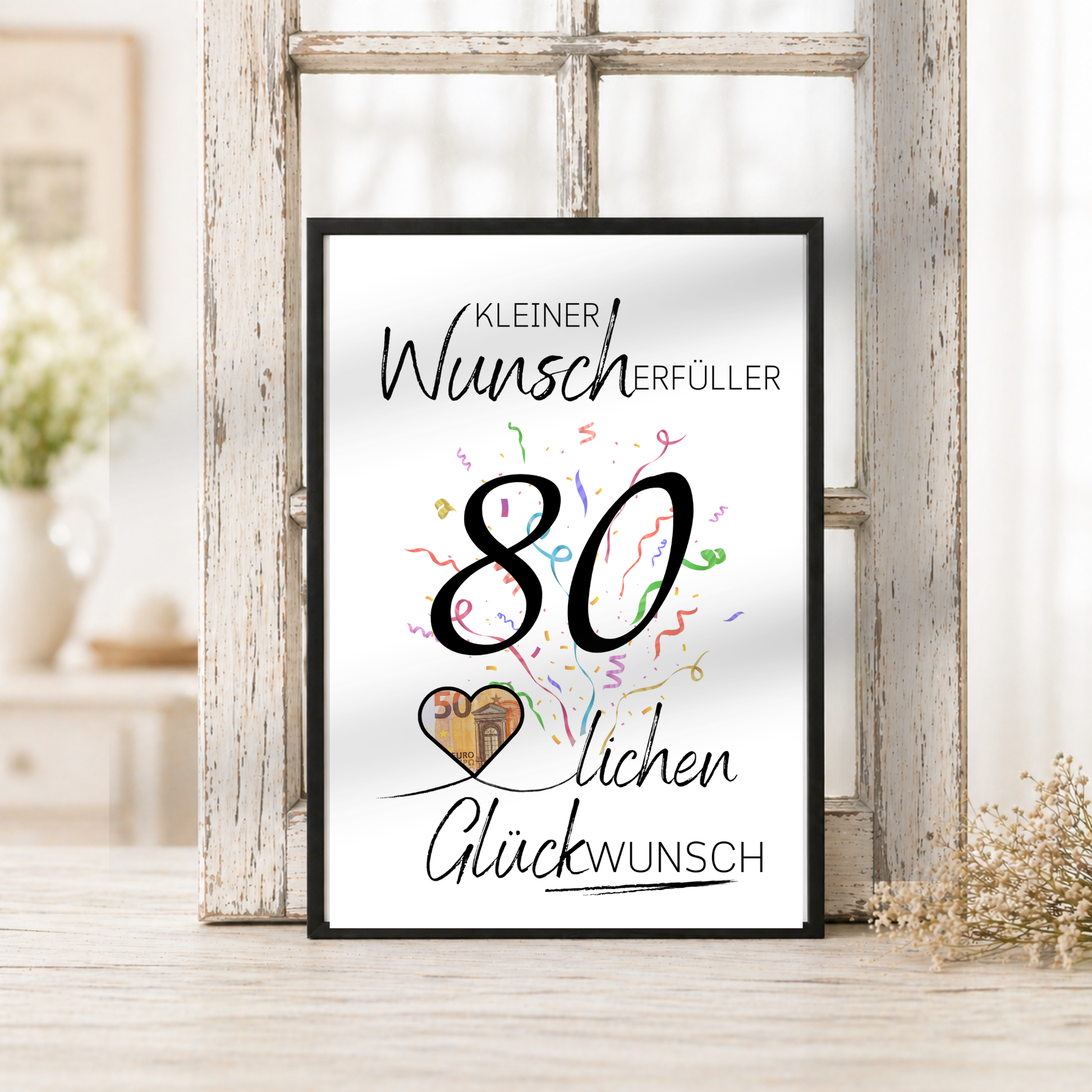 Geldgeschenk 80. Geburtstag Printable mit Konfetti, großer Zahl 80, Schriftzug Kleiner Wunscherfüller und Herz für Geldschein als Digital Download DIN A4