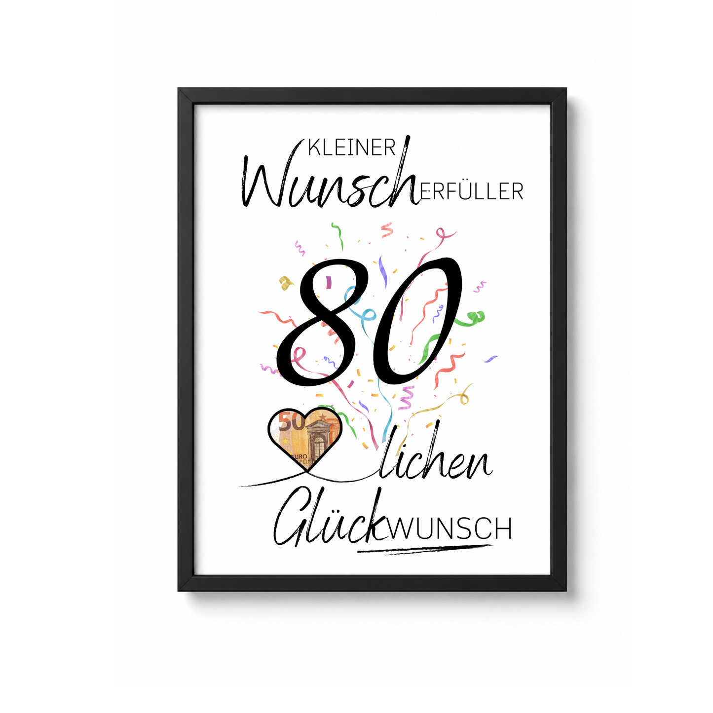Geldgeschenk 80. Geburtstag Printable mit Konfetti, großer Zahl 80, Schriftzug Kleiner Wunscherfüller und Herz für Geldschein als Digital Download DIN A4
