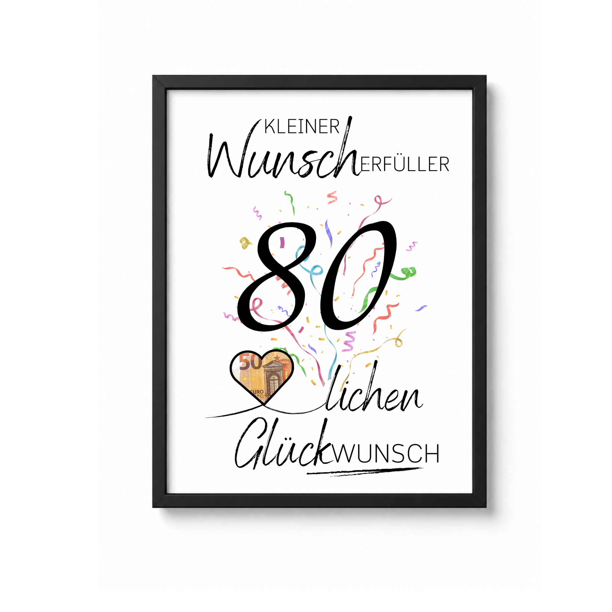 Geldgeschenk 80. Geburtstag Printable mit Konfetti, großer Zahl 80, Schriftzug Kleiner Wunscherfüller und Herz für Geldschein als Digital Download DIN A4