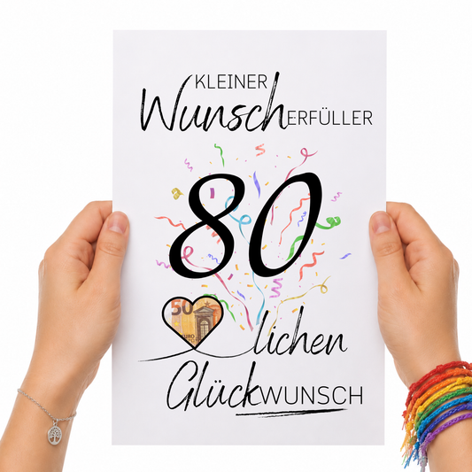 Geldgeschenk 80. Geburtstag Printable mit Konfetti, großer Zahl 80, Schriftzug Kleiner Wunscherfüller und Herz für Geldschein als Digital Download DIN A4