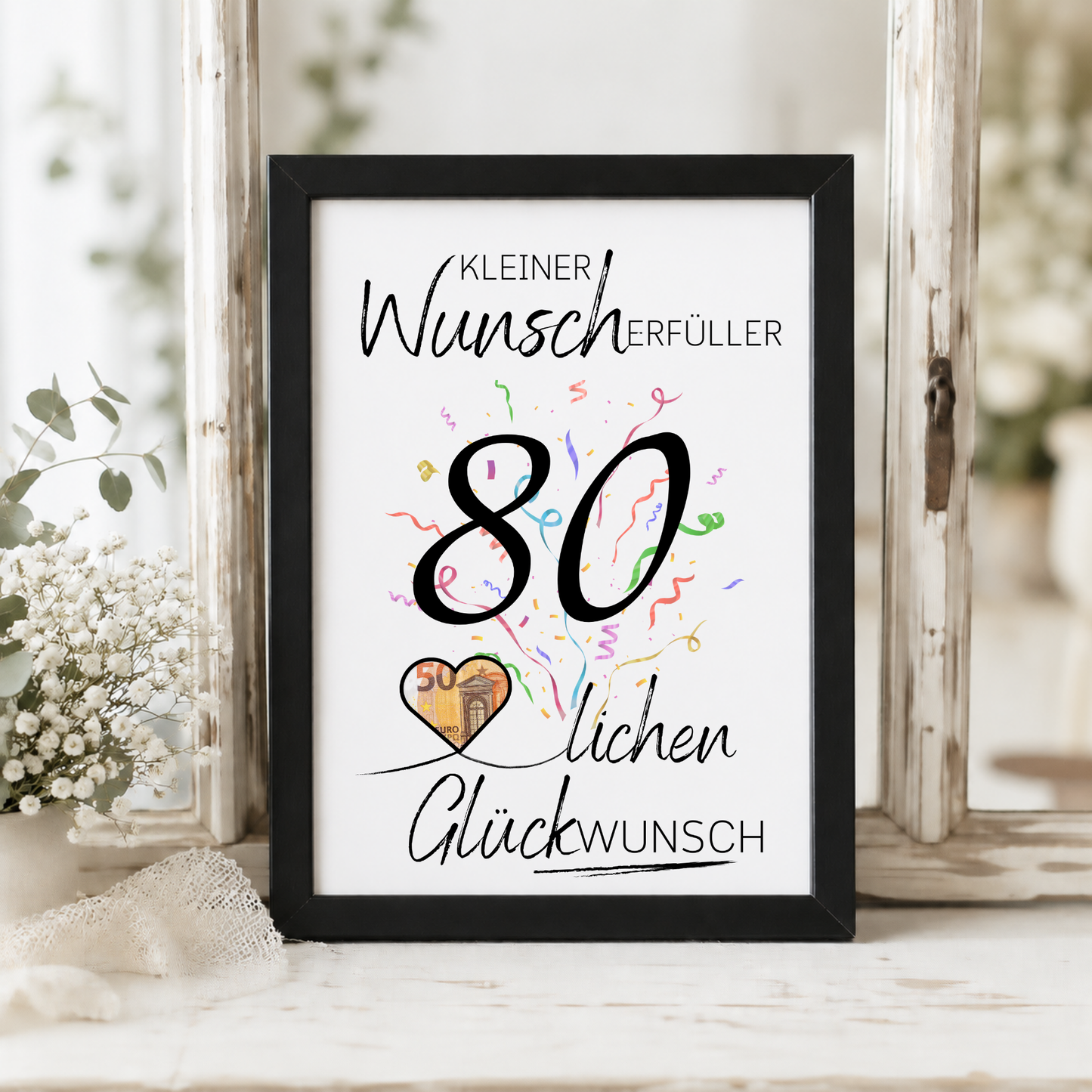 Geldgeschenk 80. Geburtstag Printable mit Konfetti, großer Zahl 80, Schriftzug Kleiner Wunscherfüller und Herz für Geldschein als Digital Download DIN A4