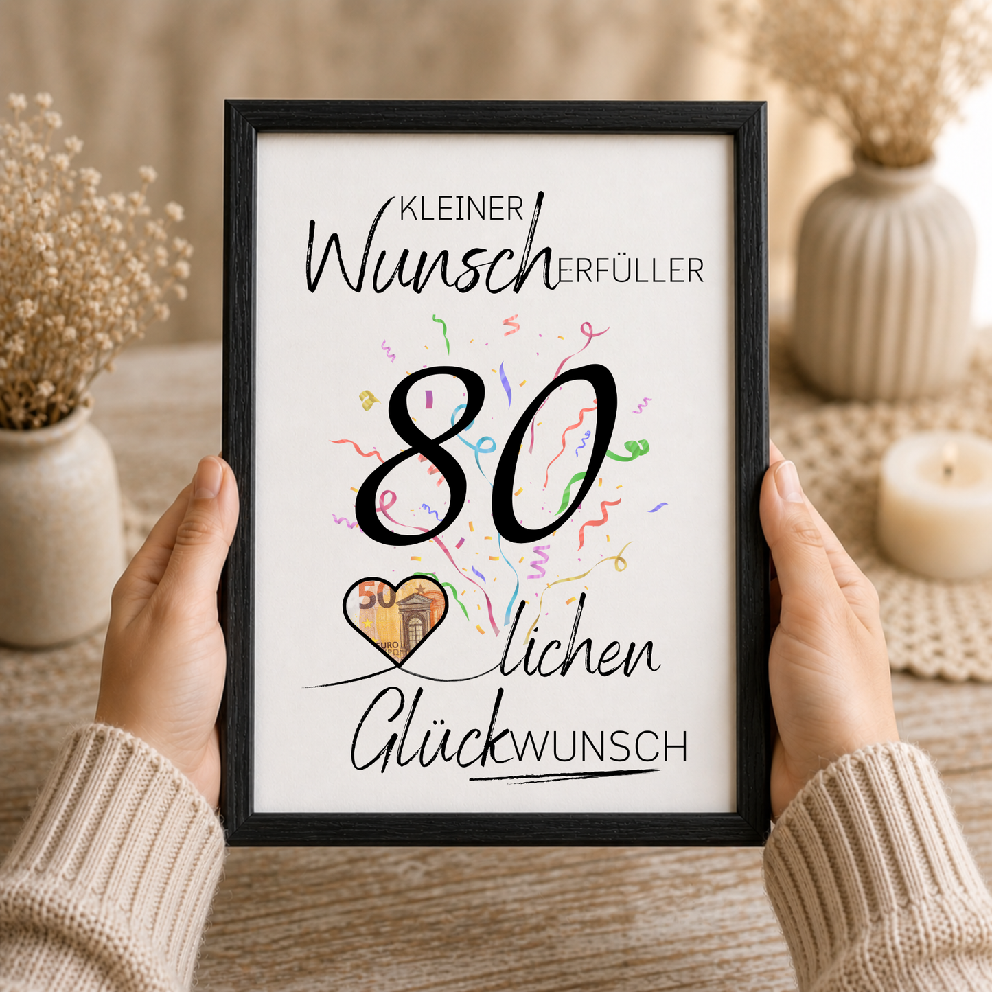 Geldgeschenk 80. Geburtstag Printable mit Konfetti, großer Zahl 80, Schriftzug Kleiner Wunscherfüller und Herz für Geldschein als Digital Download DIN A4