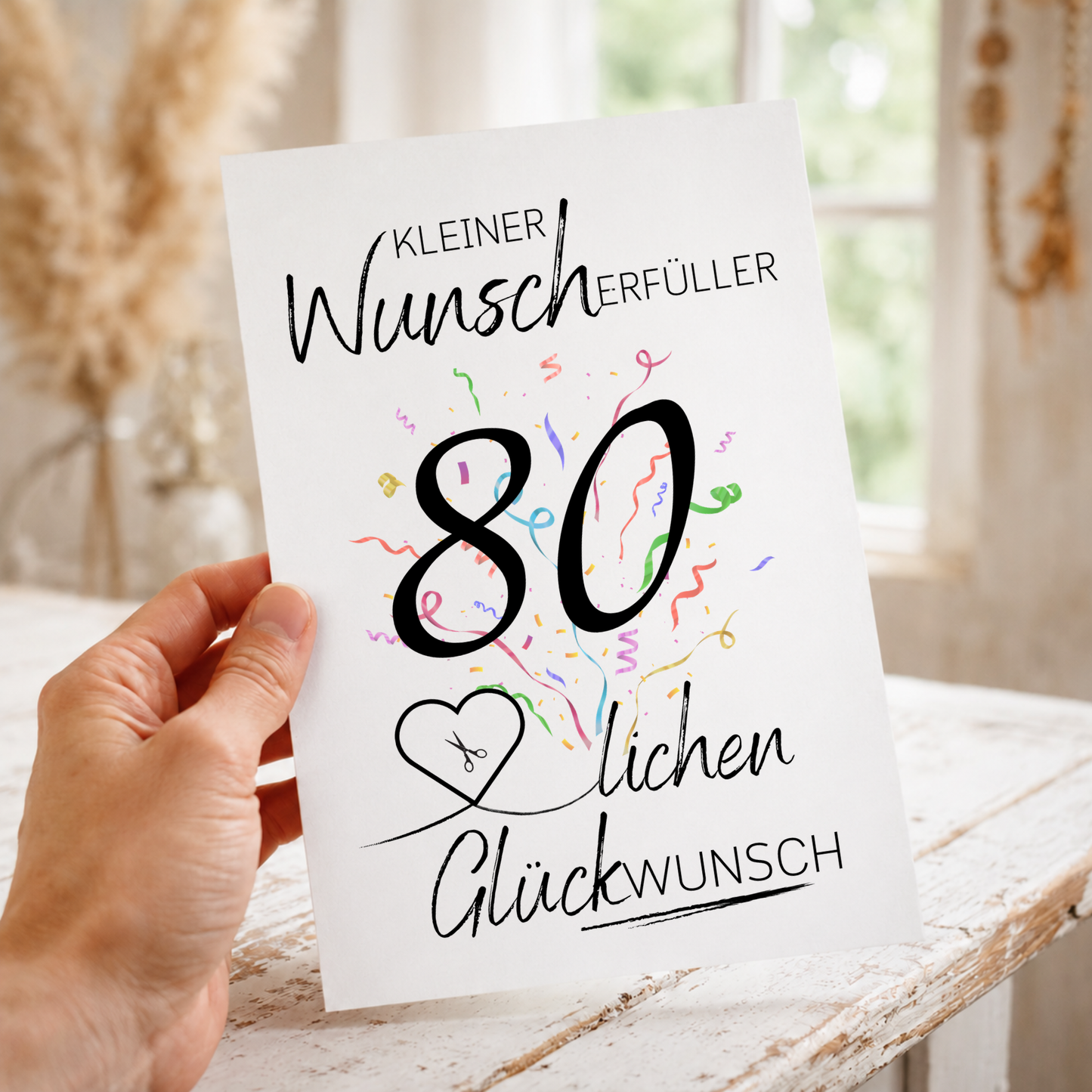 Geldgeschenk 80. Geburtstag Printable mit Konfetti, großer Zahl 80, Schriftzug Kleiner Wunscherfüller und Herz für Geldschein als Digital Download DIN A4