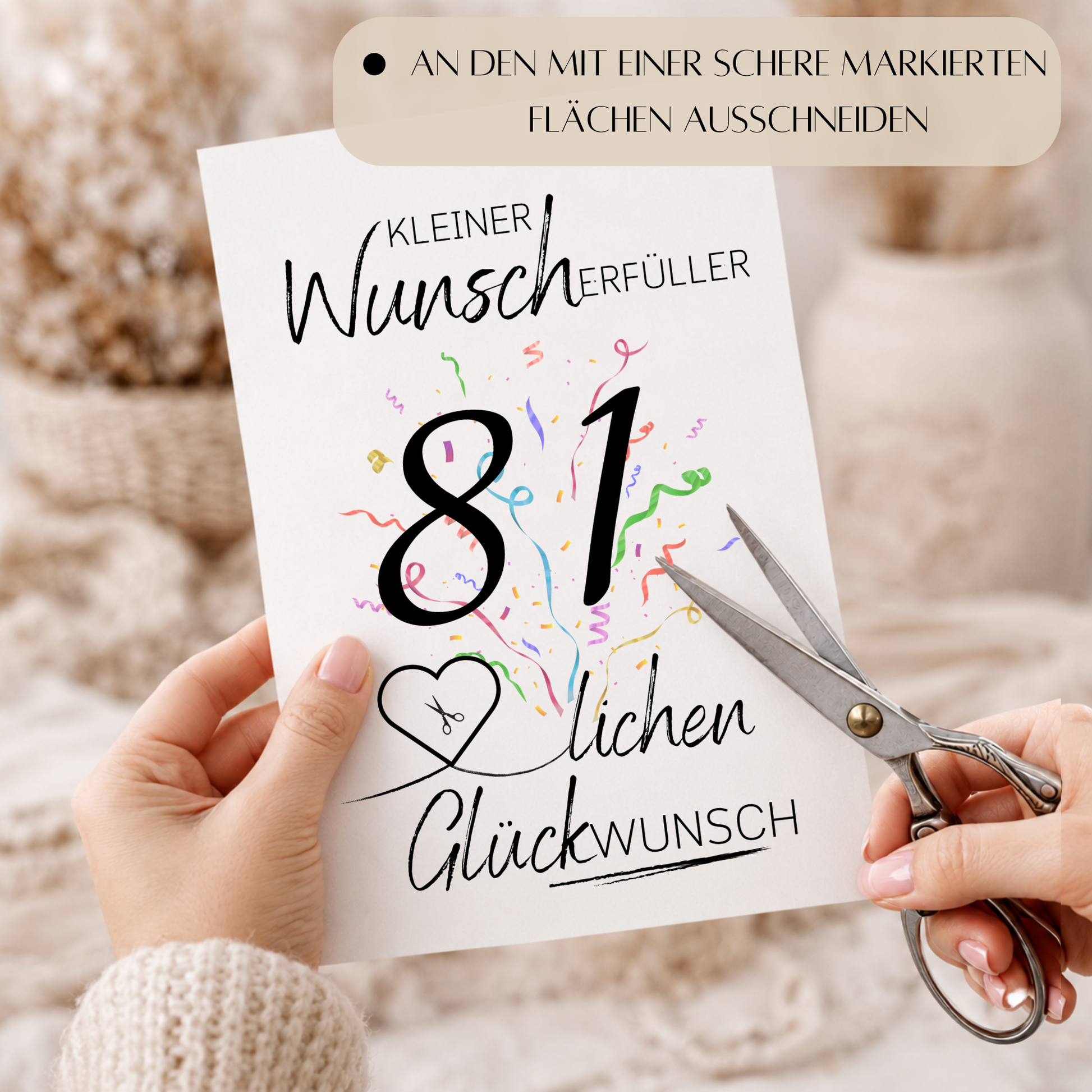 Geldgeschenk 81 Geburtstag Printable mit Konfetti, Schriftzug Kleiner Wunscherfüller, Herz zum Ausschneiden für Geldschein, Digital Download DIN A4